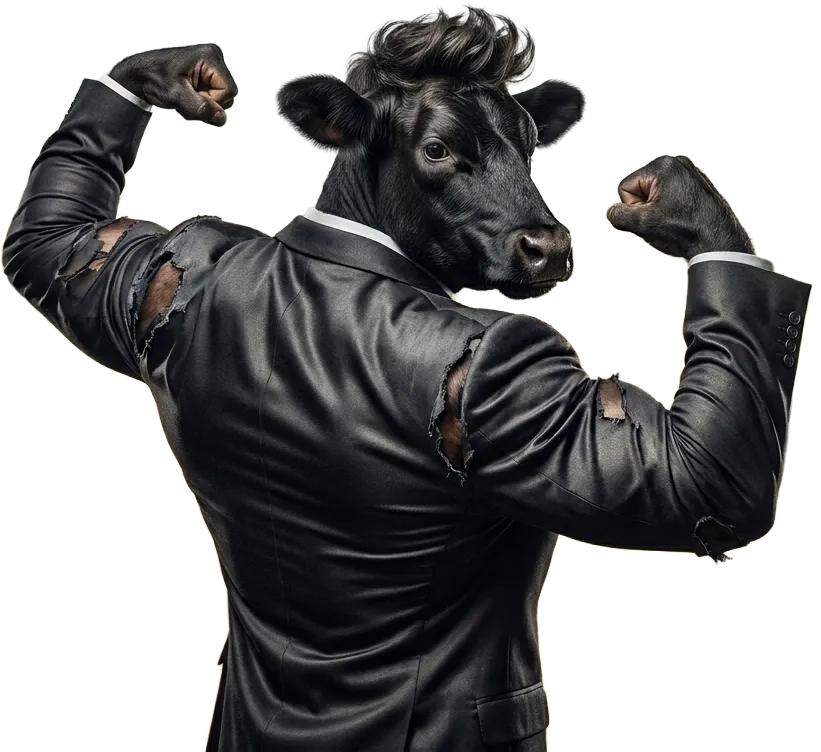Beef the bull mascot flexing both biceps in a leather jacket