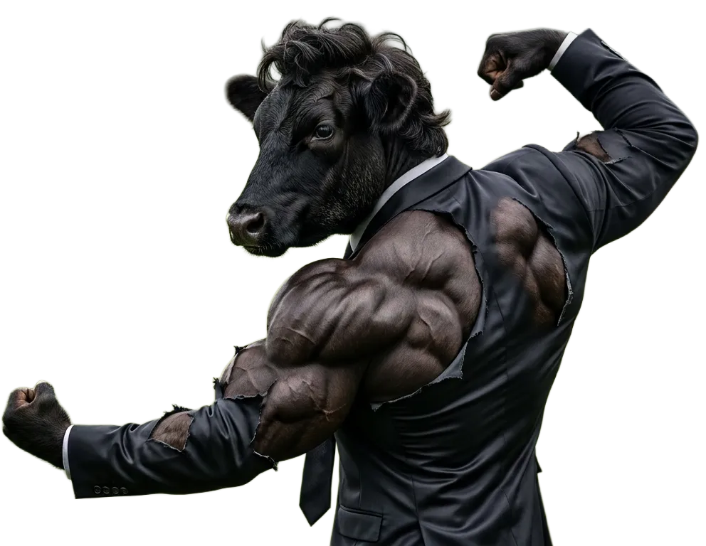 Beef the bull mascot flexing a single bicep in a dress shirt