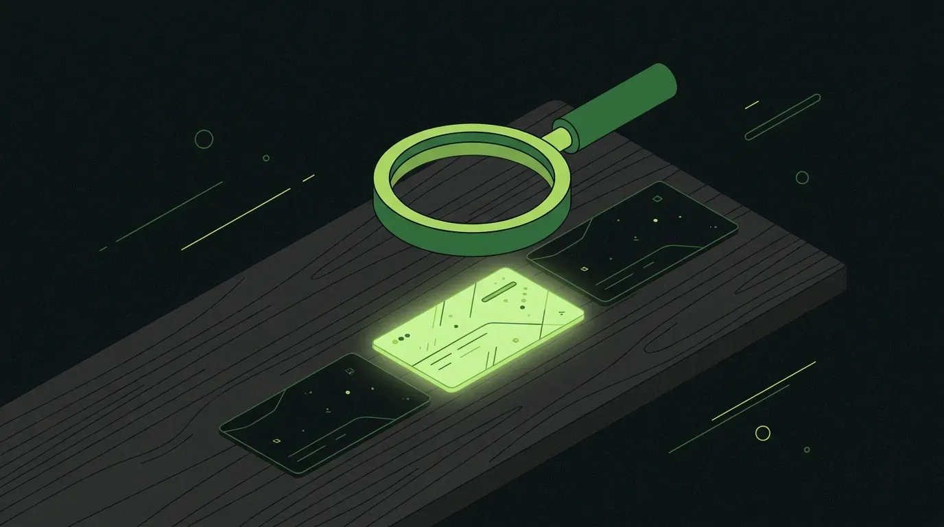 Isometric magnifying glass hovering over a row of business cards on a desk, with one card glowing in lime green to indicate it's the selected agency.