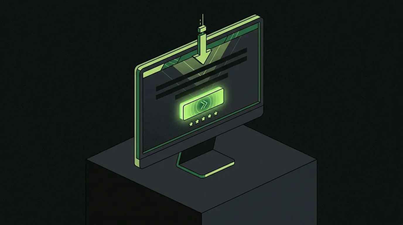 Isometric desktop monitor displaying a landing page with a single glowing lime-green call-to-action button, with an arrow pointing to the button, representing a high-converting Google Ads landing page.