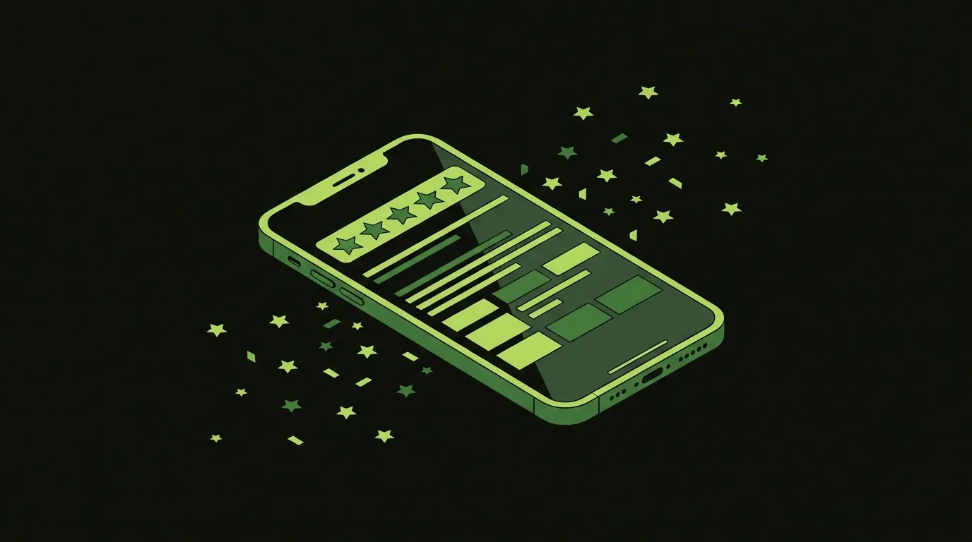 Smartphone screen displaying five lime-green stars with a constellation of additional stars floating outward, representing collecting and amplifying Google reviews.