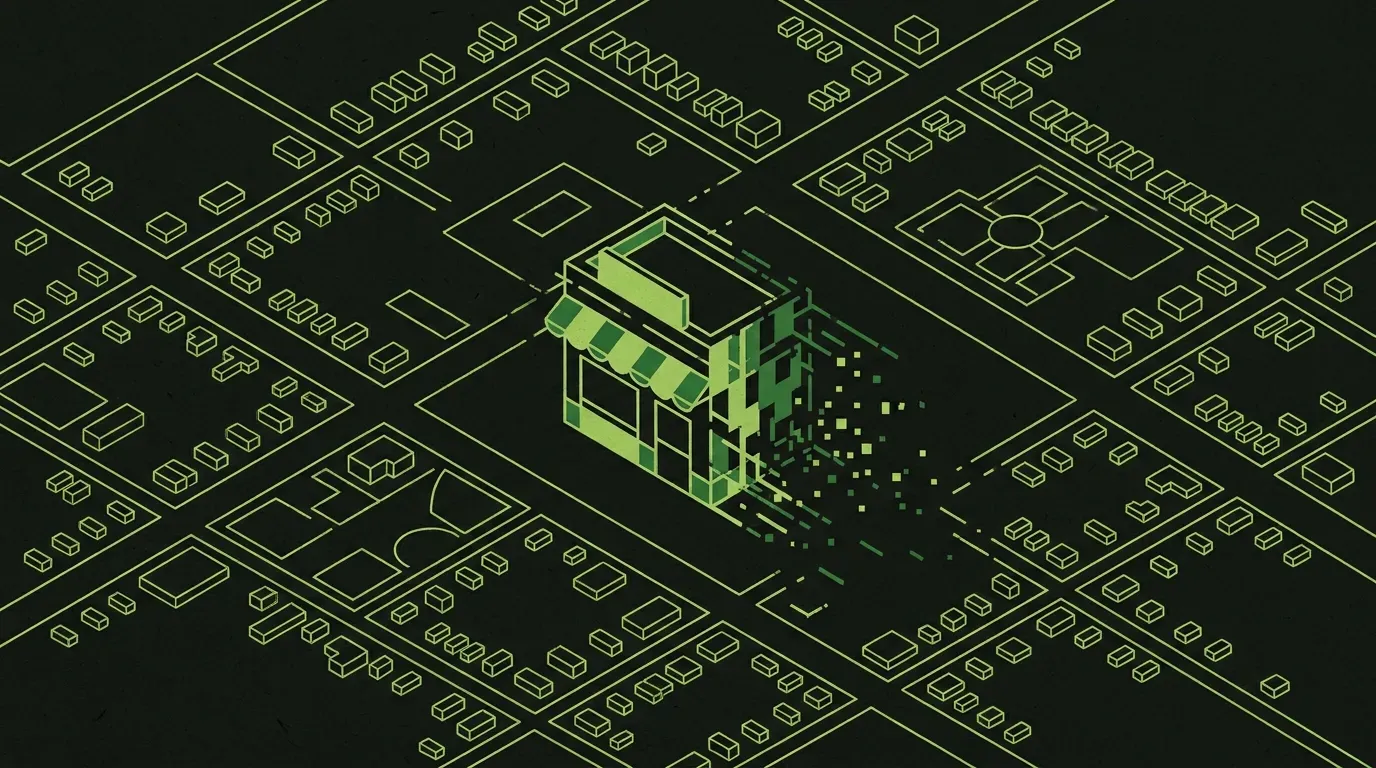 Stylized isometric city map with a single storefront fading into the background, representing a small business that does not appear in Google search results.