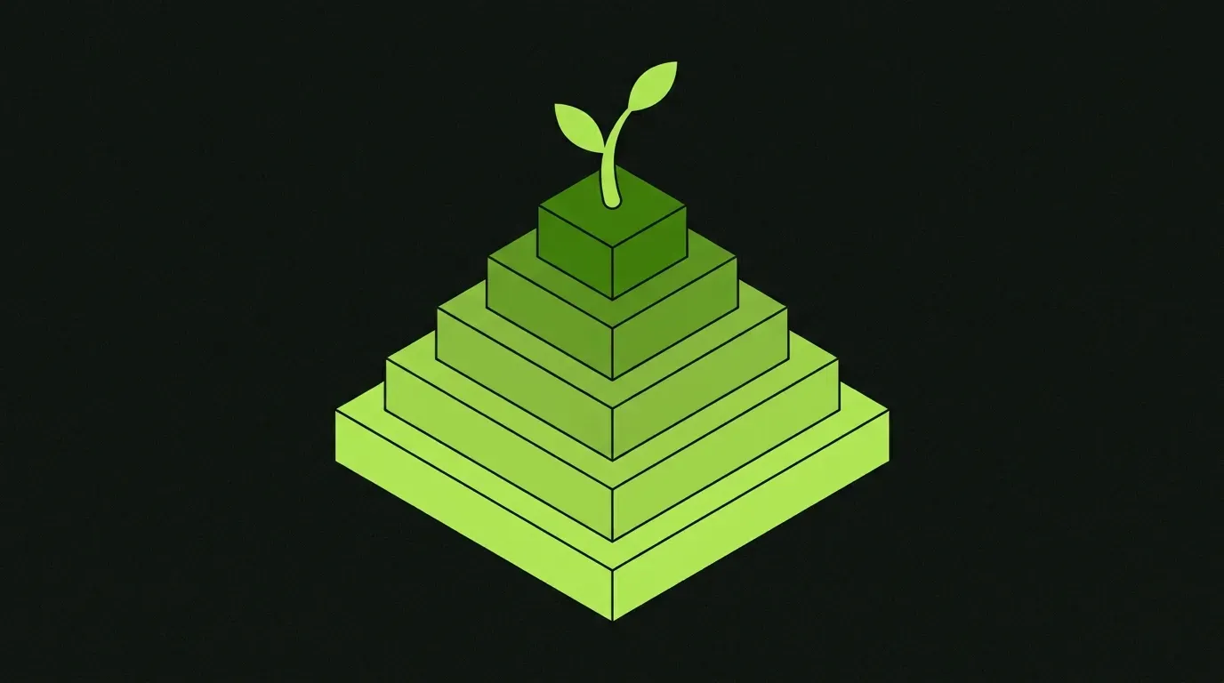 Isometric five-tier stepped pyramid with a small sprout at the top, representing the five-layer stack for growing a small business online.