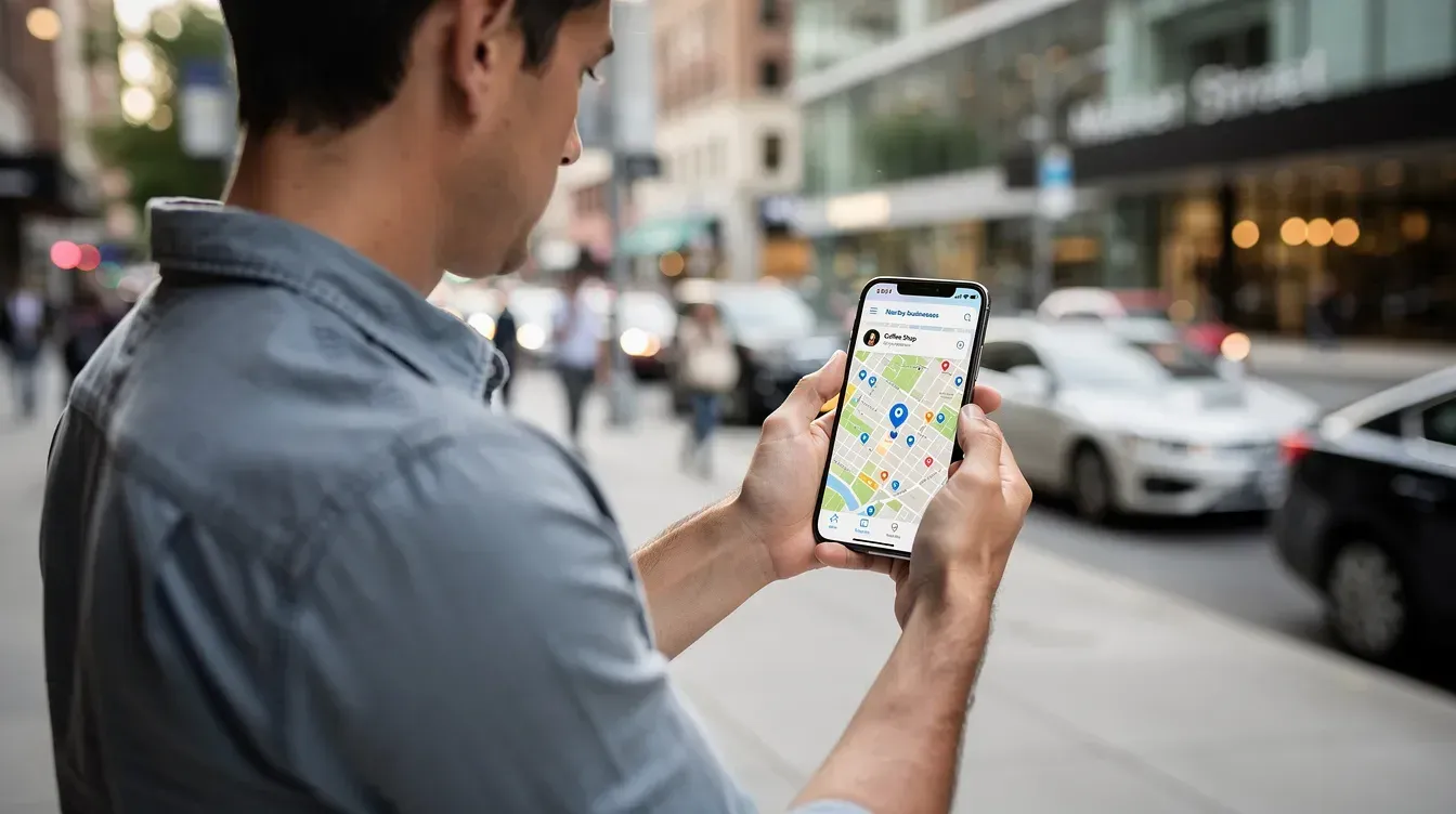 A person standing on a bustling city street, holding a smartphone and looking for local businesses using a search engine.