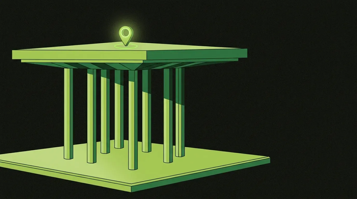 Isometric architectural pavilion with seven columns supporting a flat roof and a glowing location pin at the top, representing the seven pillars of local SEO.