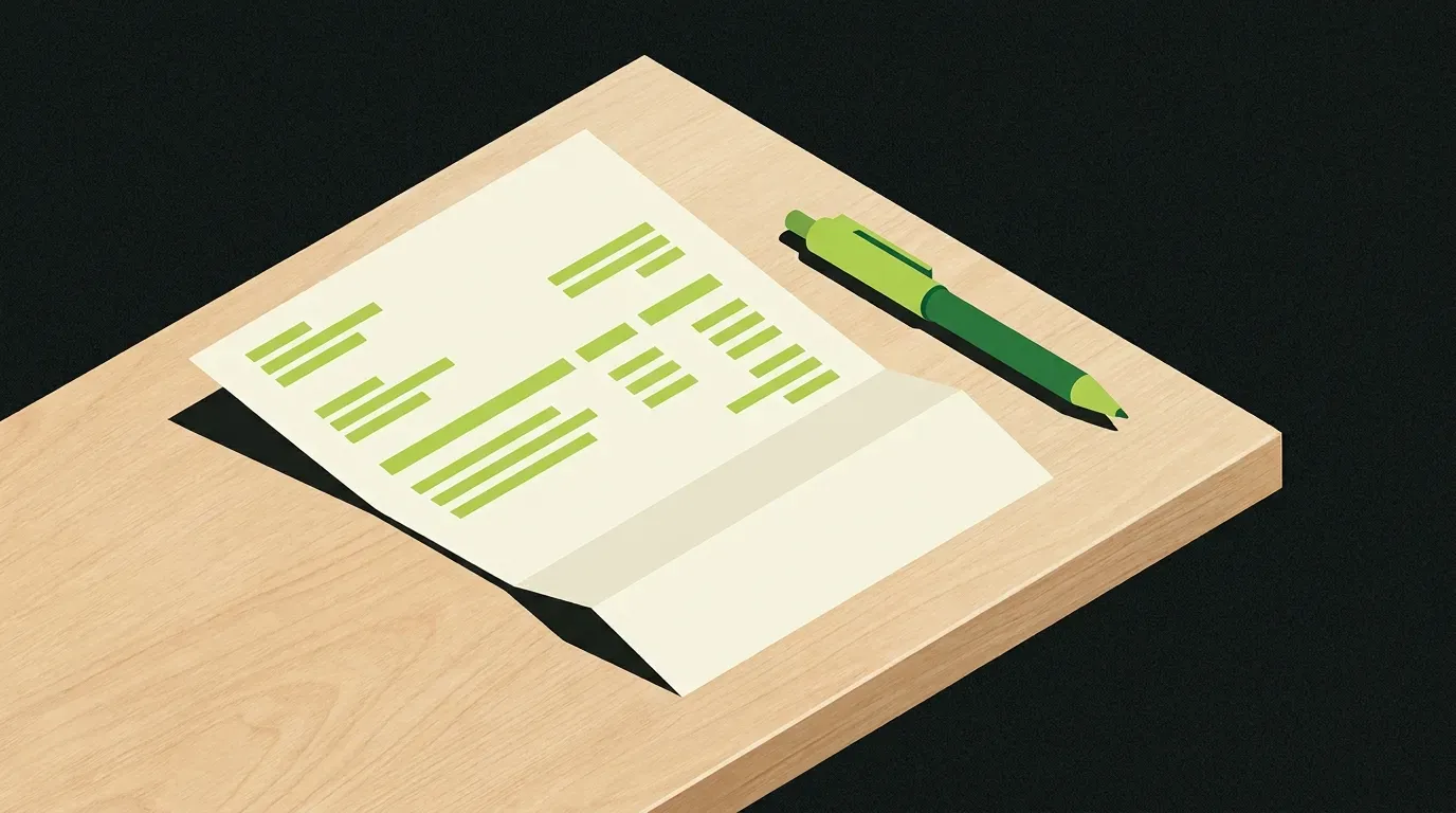Isometric illustration of a paper invoice on a wooden desk, half-folded with line items shown as abstract bars, representing a marketing agency invoice with hidden costs.