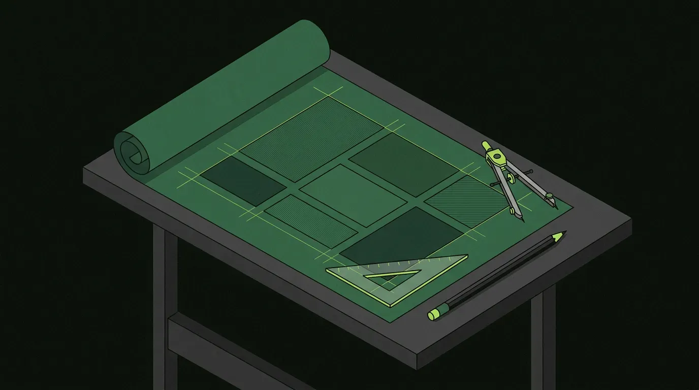Isometric architect's blueprint unfurled on a drafting table with seven distinct rectangular zones outlined in lime green, alongside a drafting compass, triangular ruler, and pencil, representing the seven-section structure of a marketing plan.
