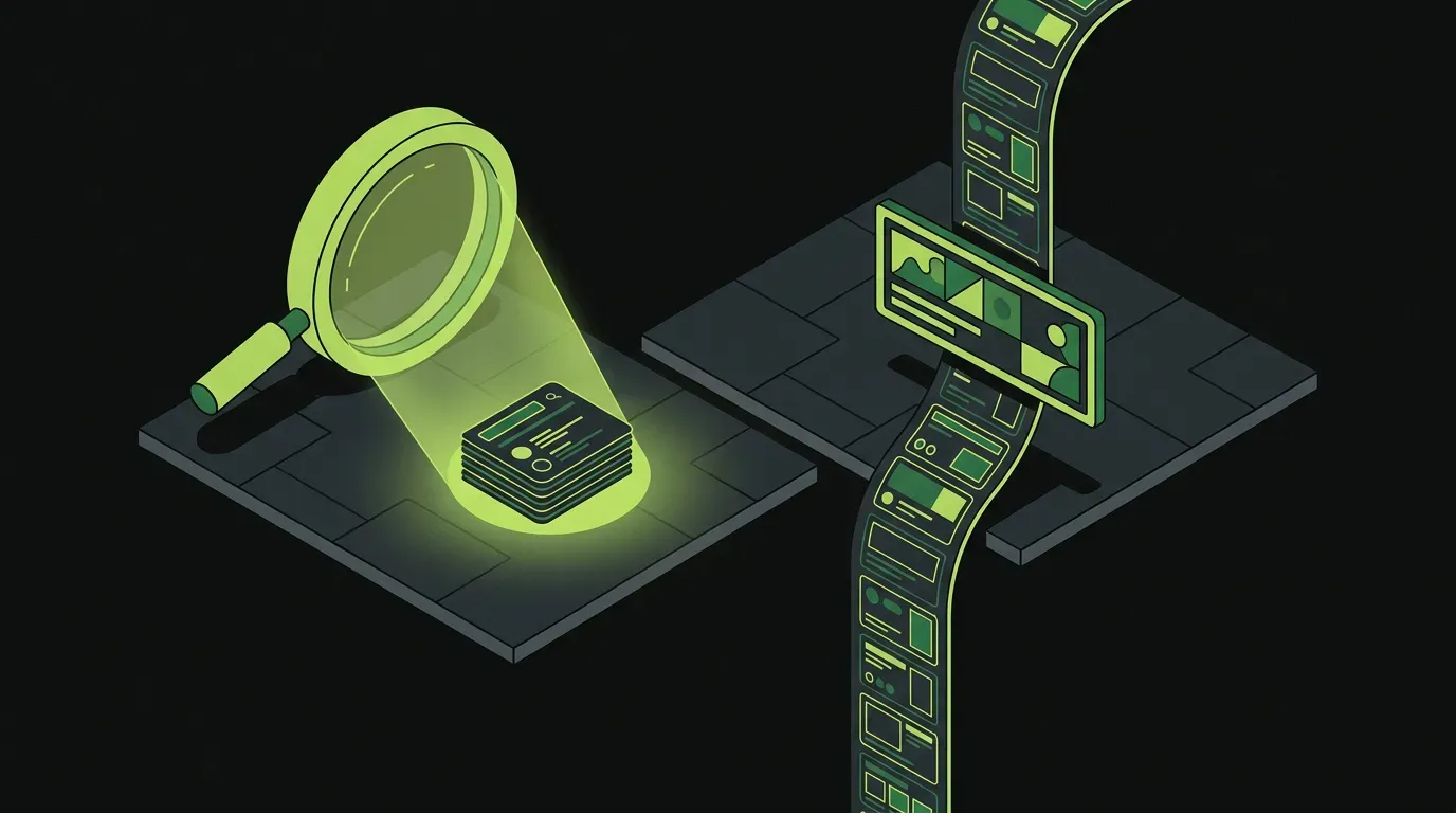Isometric illustration showing two adjacent platforms divided by a charcoal gap: a magnifying glass casting a focused beam onto search result cards on the left, and a scrolling feed ribbon with a floating ad rectangle on the right, representing Google ads vs Meta ads.