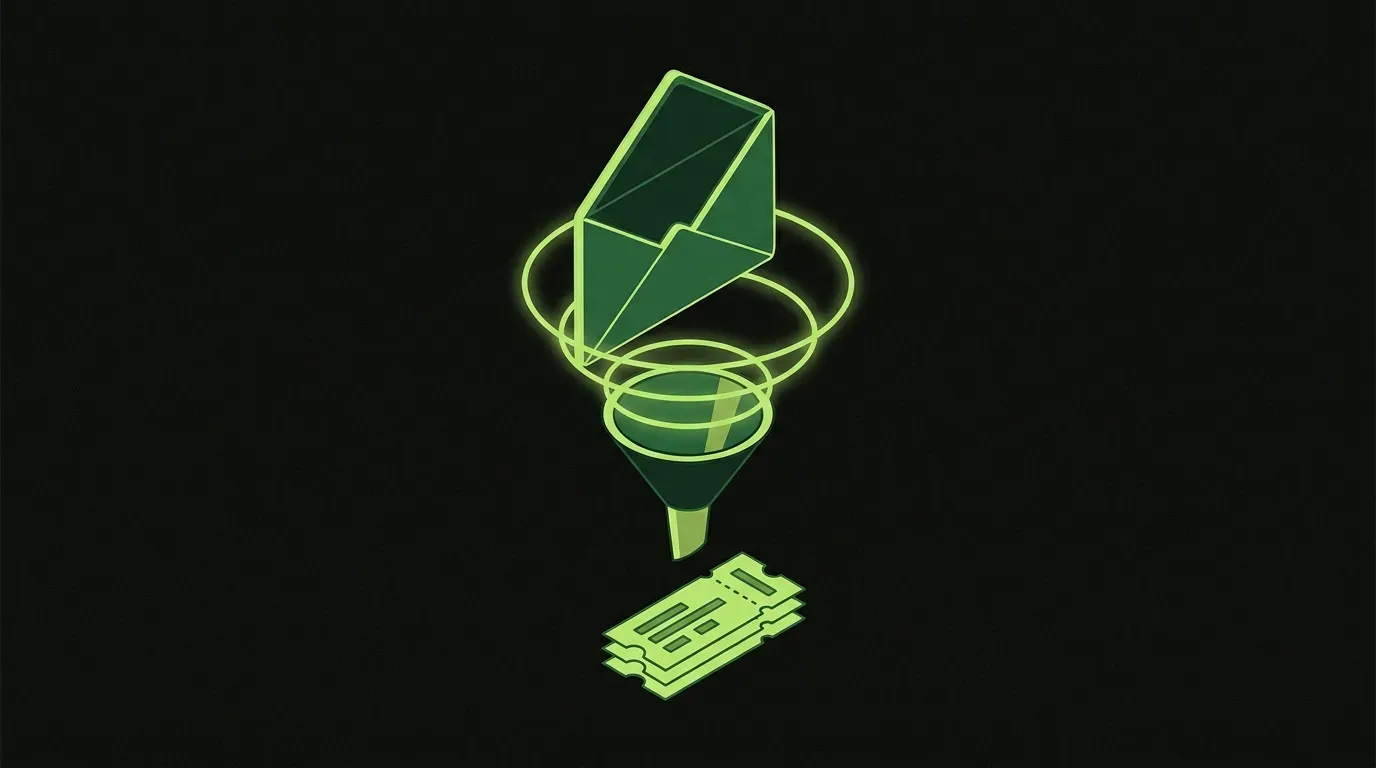 Isometric illustration of an open envelope hovering above a small tilted funnel, with three concentric lime-green pulse rings emanating downward into the funnel, representing email marketing as a controllable funnel for a small business.