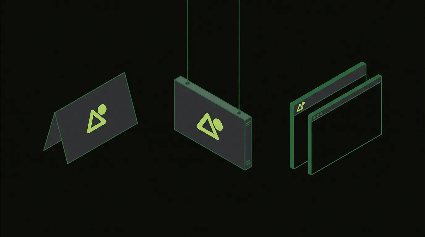 Isometric illustration of a single lime-green brand mark stamped in the same position on three different objects: a folded business card, a storefront sign, and a browser window, representing brand consistency for a small business.