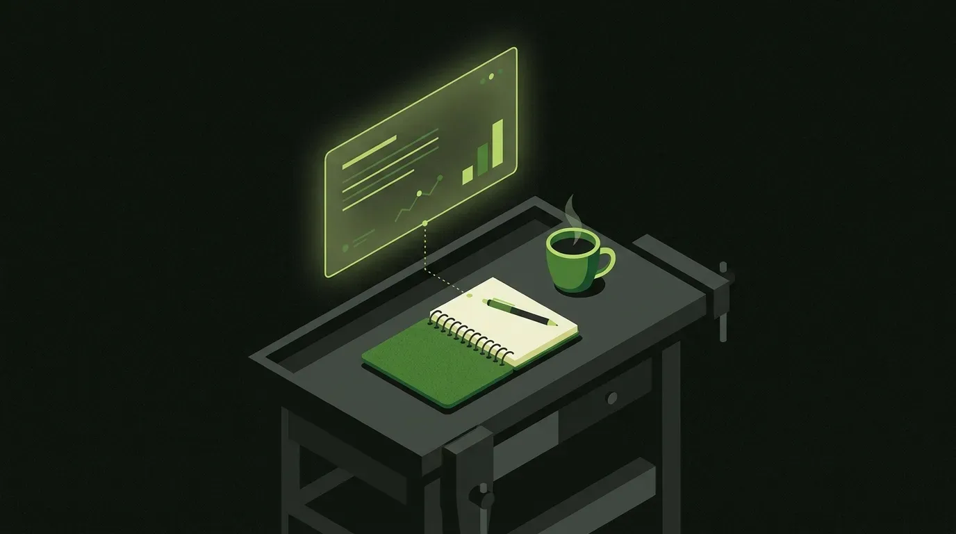 Isometric illustration of a small-business workbench with a notebook, pen, and coffee cup, with a translucent lime-green AI assistant panel floating above the desk, representing the practical use of AI alongside traditional marketing work.