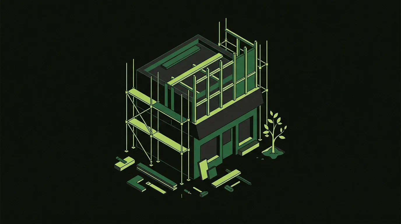 Isometric illustration of a minimalist storefront mid-construction with lime-green scaffolding around the upper facade and a small lime-green sapling growing beside the entrance, representing the in-progress nature of marketing for a new business.