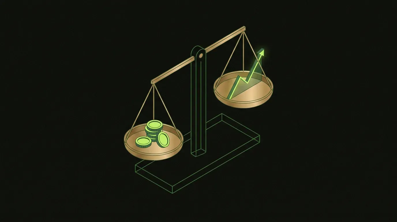 Isometric illustration of a brass balance scale with lime-green coins on the left pan and a rising lime-green line graph on the right pan, the right pan slightly higher, representing positive marketing ROI.