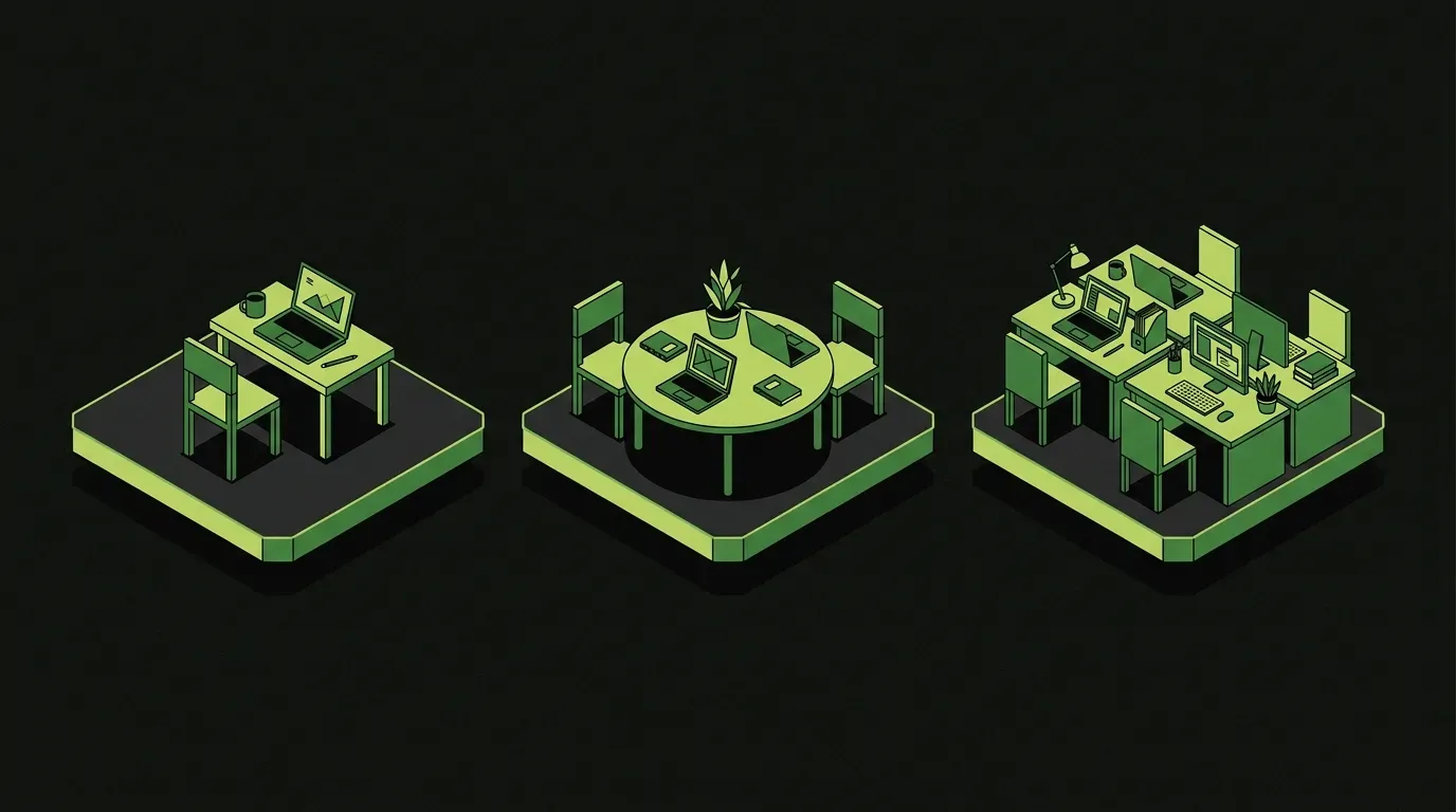 Isometric illustration of three small adjacent platforms each carrying a different workspace: a single chair beside a small desk for a freelancer, a small round table with two chairs for in-house team, and a larger multi-station office for an agency.
