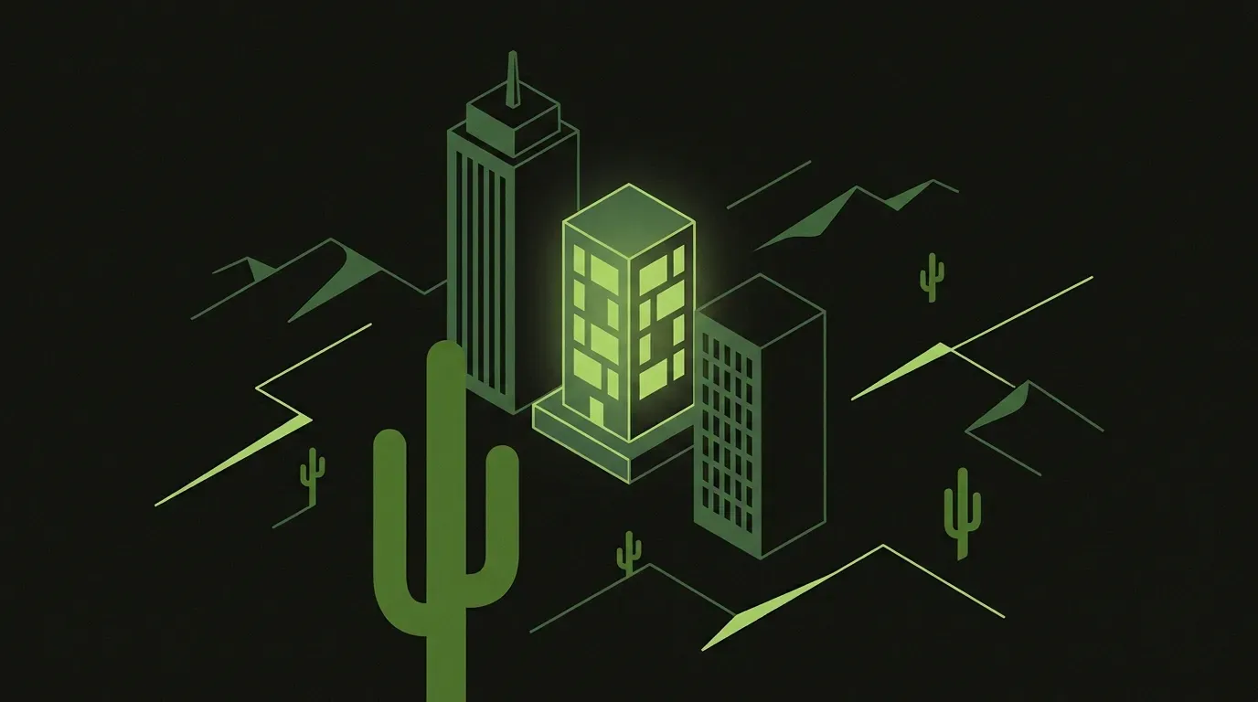Three differently-sized office building silhouettes arranged on an isometric desert plain at dusk, the middle one elevated and illuminated, a saguaro cactus in the foreground.
