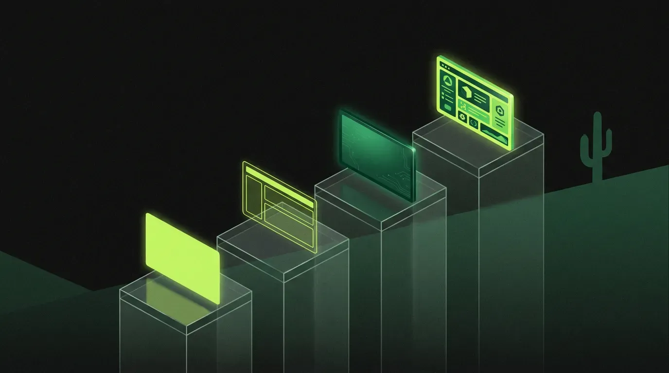 Four ascending glass platforms in an isometric desert landscape, each supporting a glowing rectangular screen, the screens increasing in polish from left to right.