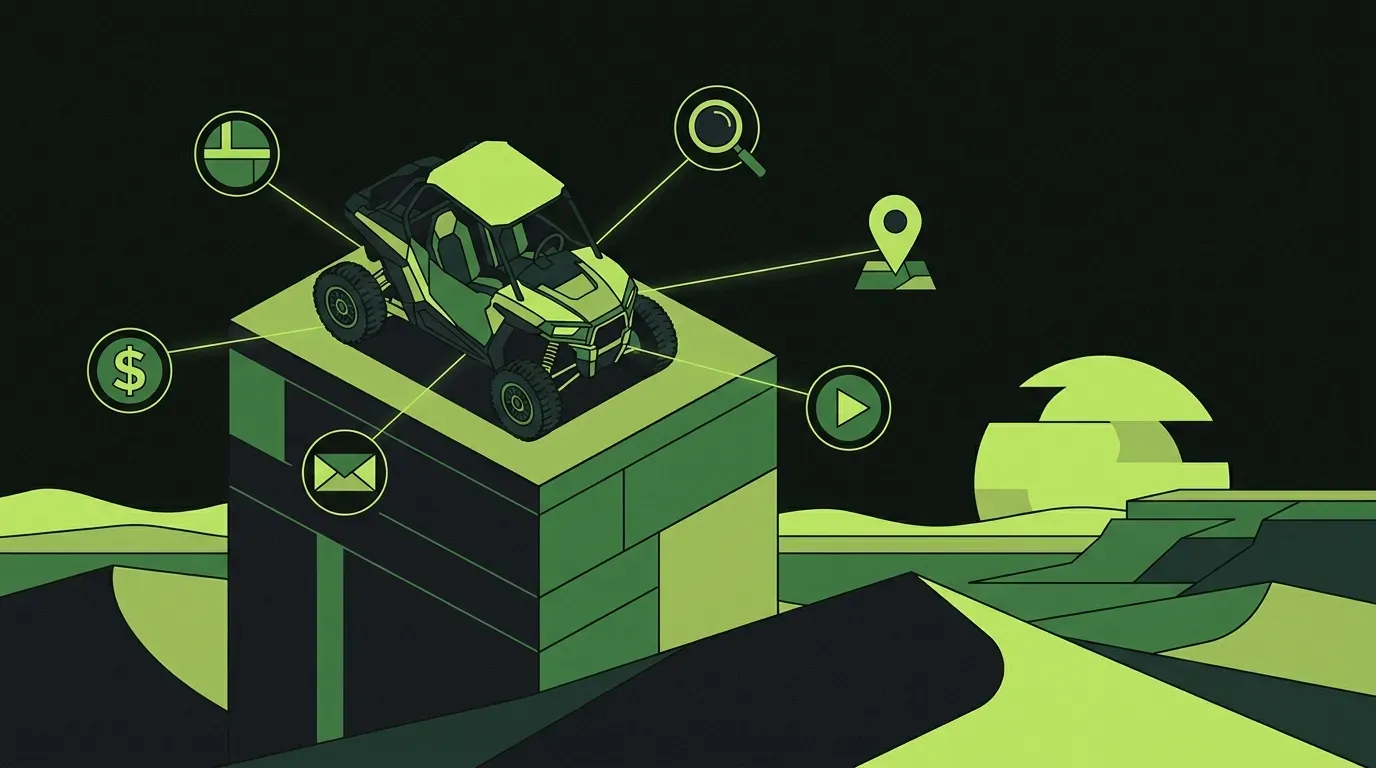 An isometric scene of a single side-by-side off-road UTV parked on an elevated platform with thin lime-green threads radiating to five small geometric channel icons arranged in a circle.