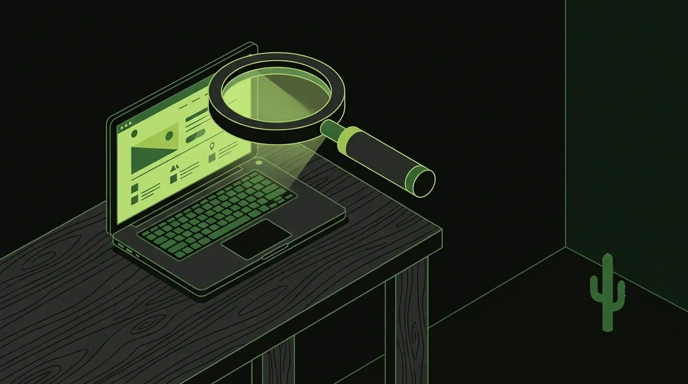 An isometric wooden desk with a single laptop displaying a clean website page, a magnifying glass hovering above examining the screen, a saguaro silhouette in the background.