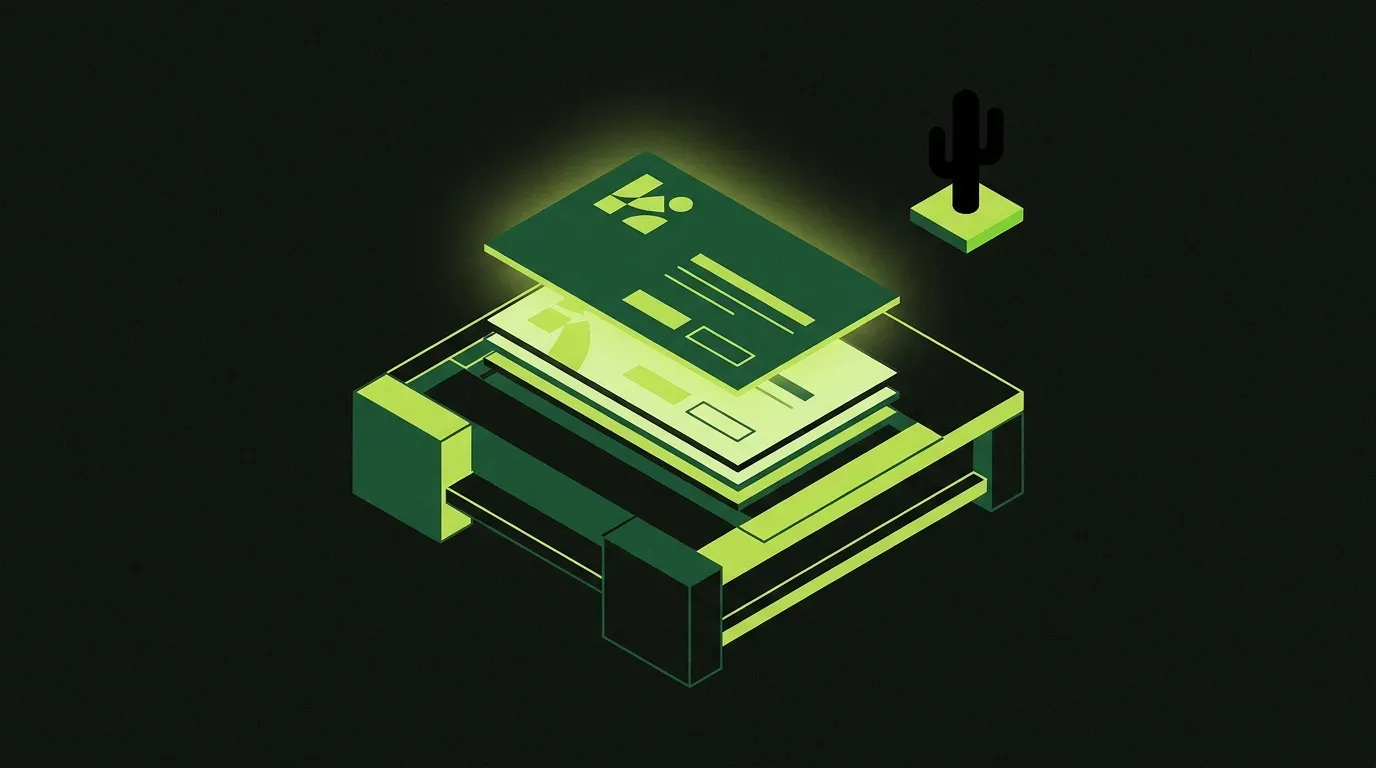 Layered brand-mark cards fanned slightly on an isometric workbench, the top card elevated as if being selected, a saguaro silhouette in the background.