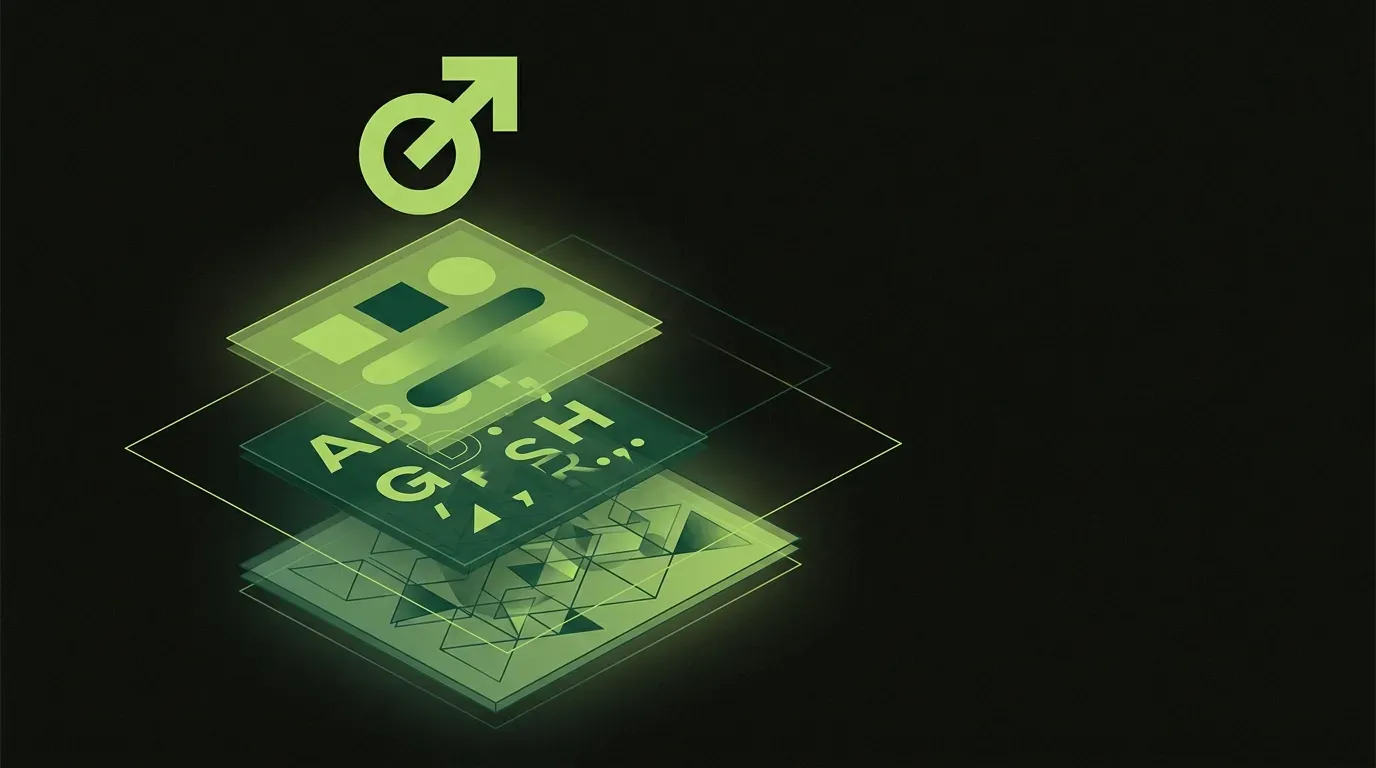 An isometric exploded view with a single solid logo mark floating at the top, with three concentric translucent layered planes expanding outward beneath it representing color, typography, and pattern brand layers.