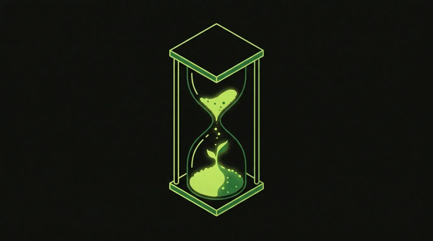 Isometric hourglass filled with lime-green particles, with a small sprout growing from the accumulated particles at the bottom, representing SEO compounding over time.