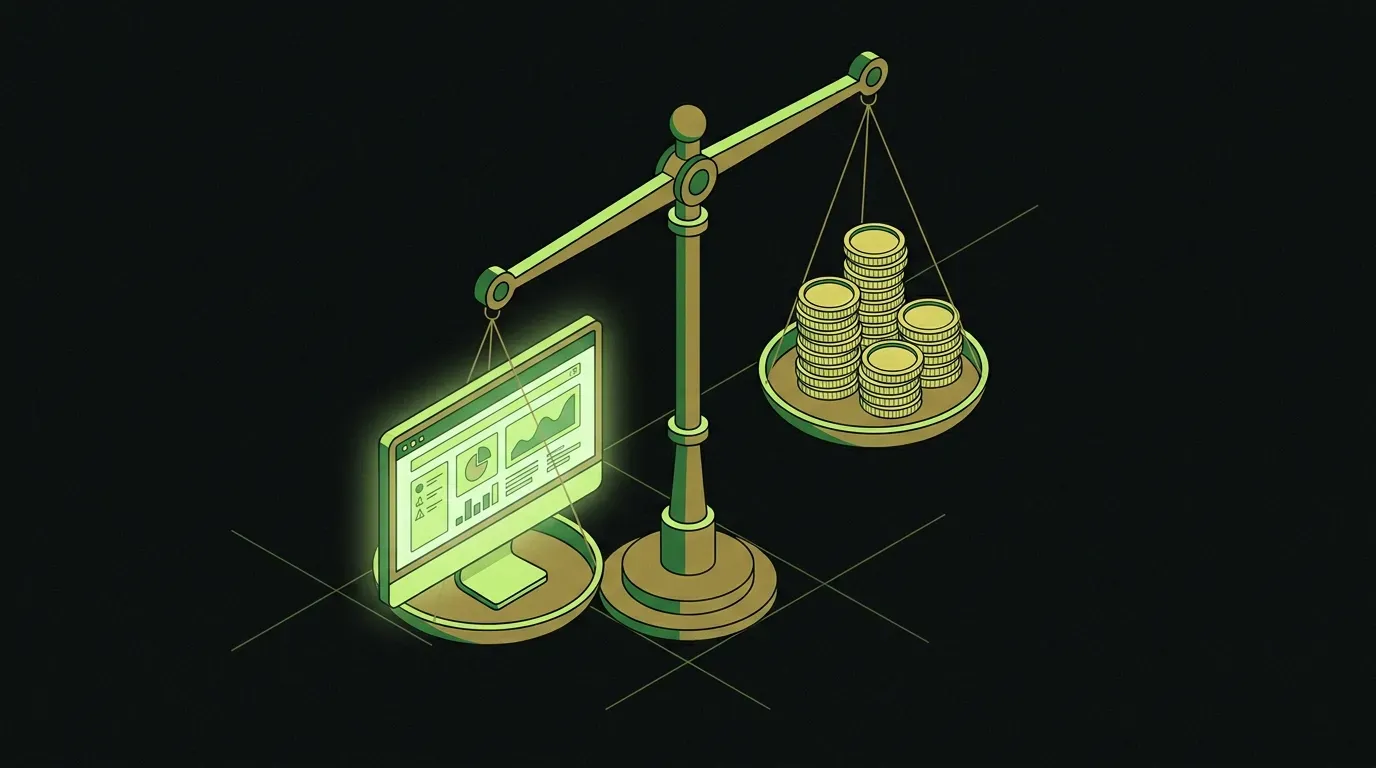 Isometric brass balance scale with a website monitor on one side and a stack of coins on the other in equilibrium, representing the relationship between website investment and value.
