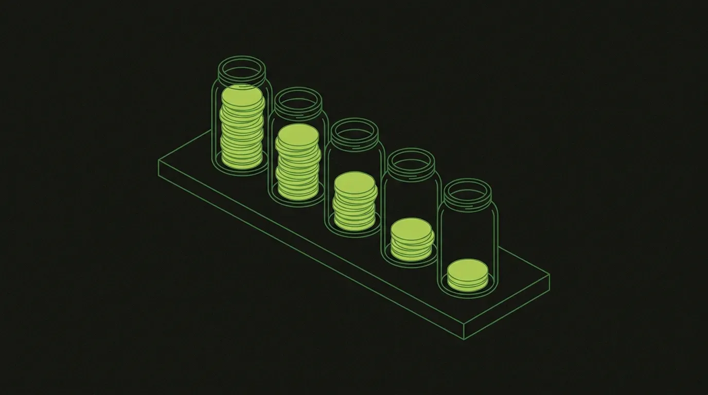 Five jars on a wooden plank filled with green coins in decreasing amounts, depicting budget allocation across categories