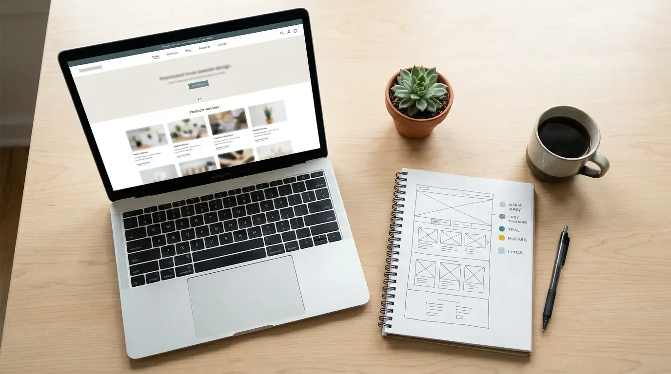 Laptop on a wooden desk displaying a polished modern small-business website design with a clear hero section and product cards.