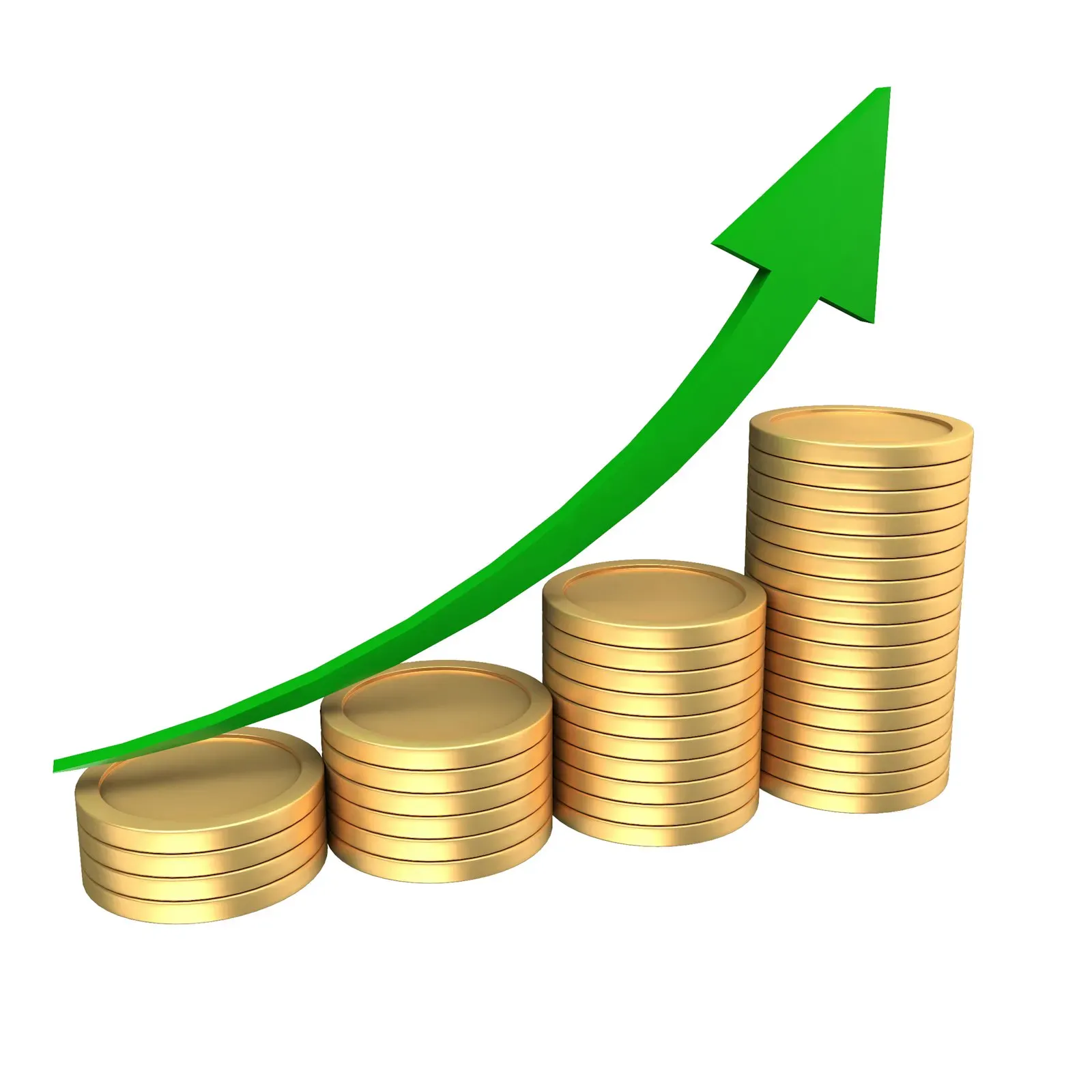 Stacks of coins with an upward trending green arrow, symbolizing campaign budget growth and scaling spend over time.