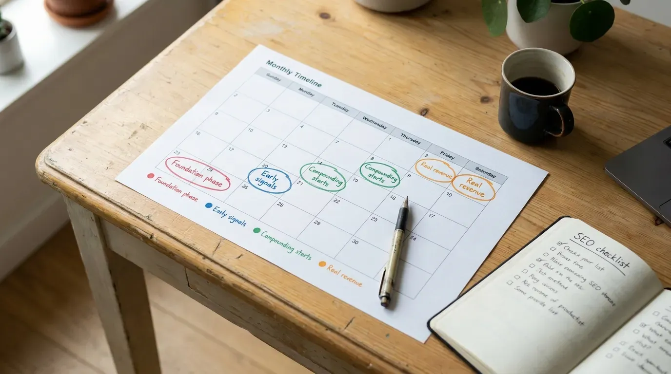 A printed monthly calendar timeline on a desk with milestones circled in colored marker, mapping SEO project phases from foundation through compounding.