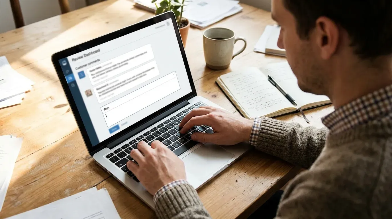 Small business owner at a wooden desk replying to customer reviews on a laptop, with a notebook of draft replies beside the keyboard.