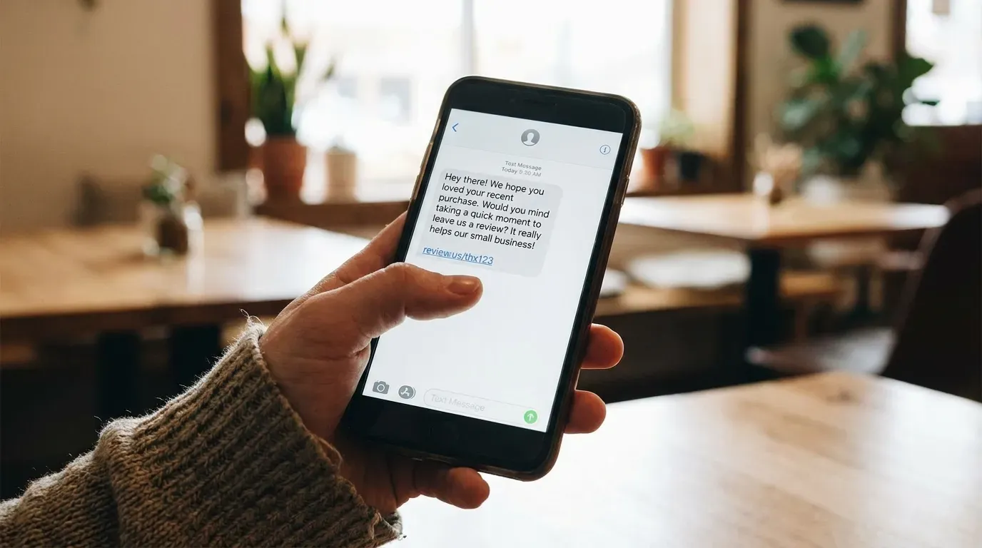 Smartphone in hand showing a friendly text-message review request from a small business with a short review link.