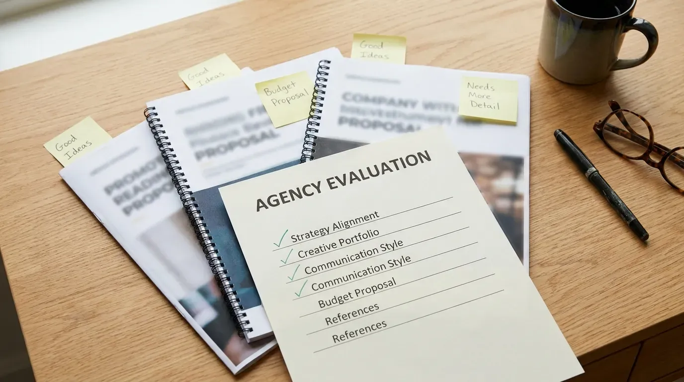 A printed ‘Agency Evaluation’ checklist on a wooden desk with several items checked off in green pen, sticky notes, and printed agency proposals fanning out beneath.
