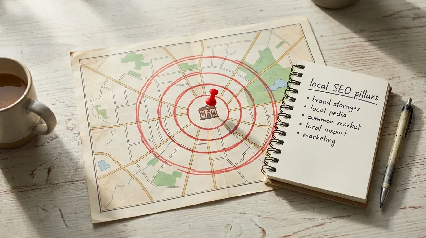 A printed local map on a desk with concentric circles drawn around a central business location in red marker, representing local SEO ranking zones.