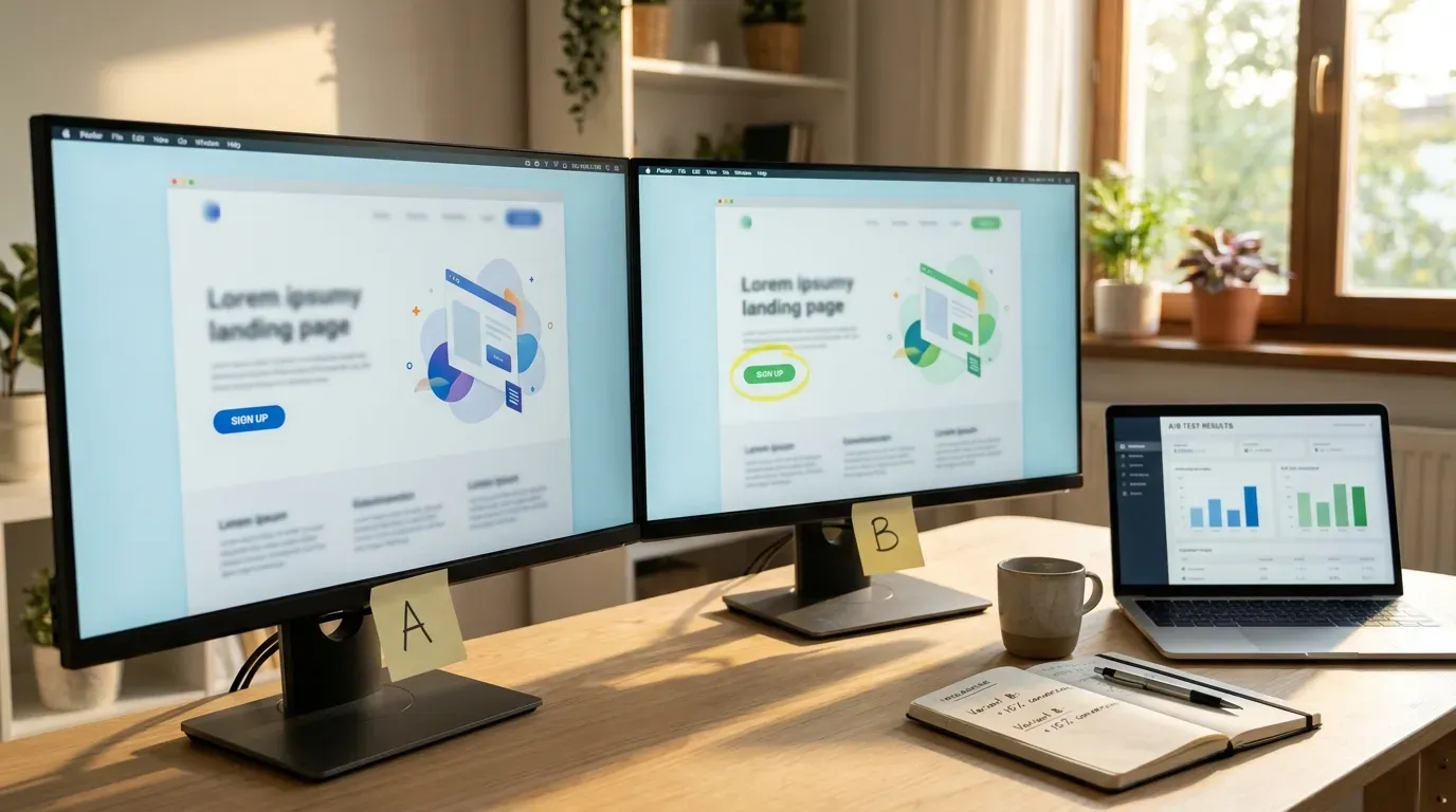 Two computer monitors side by side displaying nearly identical landing page designs with one variation highlighted between them, representing an A/B test.
