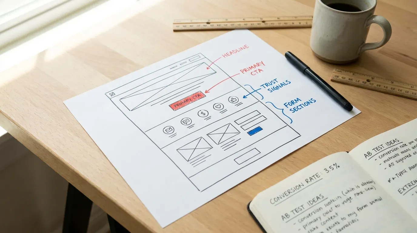 A printed landing page wireframe sketch on a wooden desk with annotations in red and blue marker labeling the headline, CTA, trust signals, and form sections.