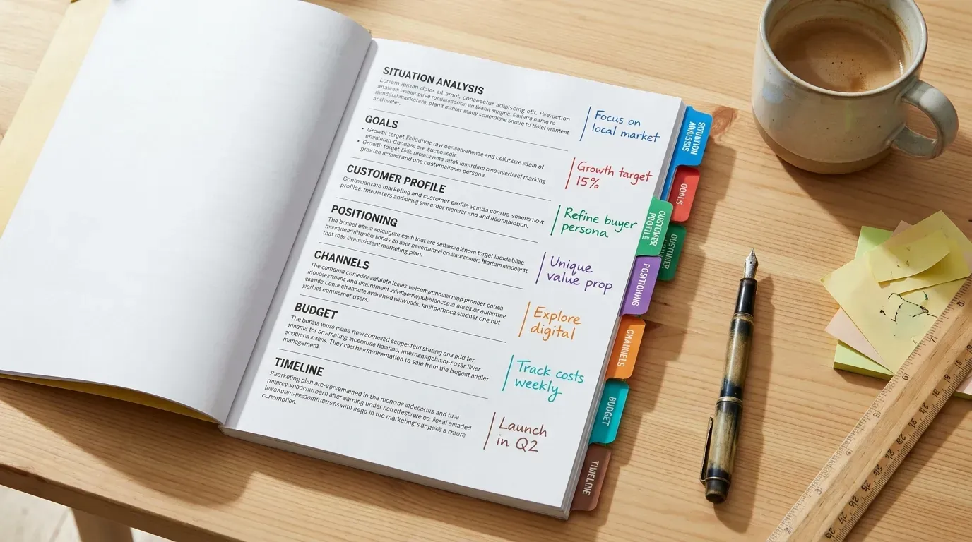 A printed marketing plan document on a desk with seven section dividers visible, each with handwritten margin notes in colored pen.