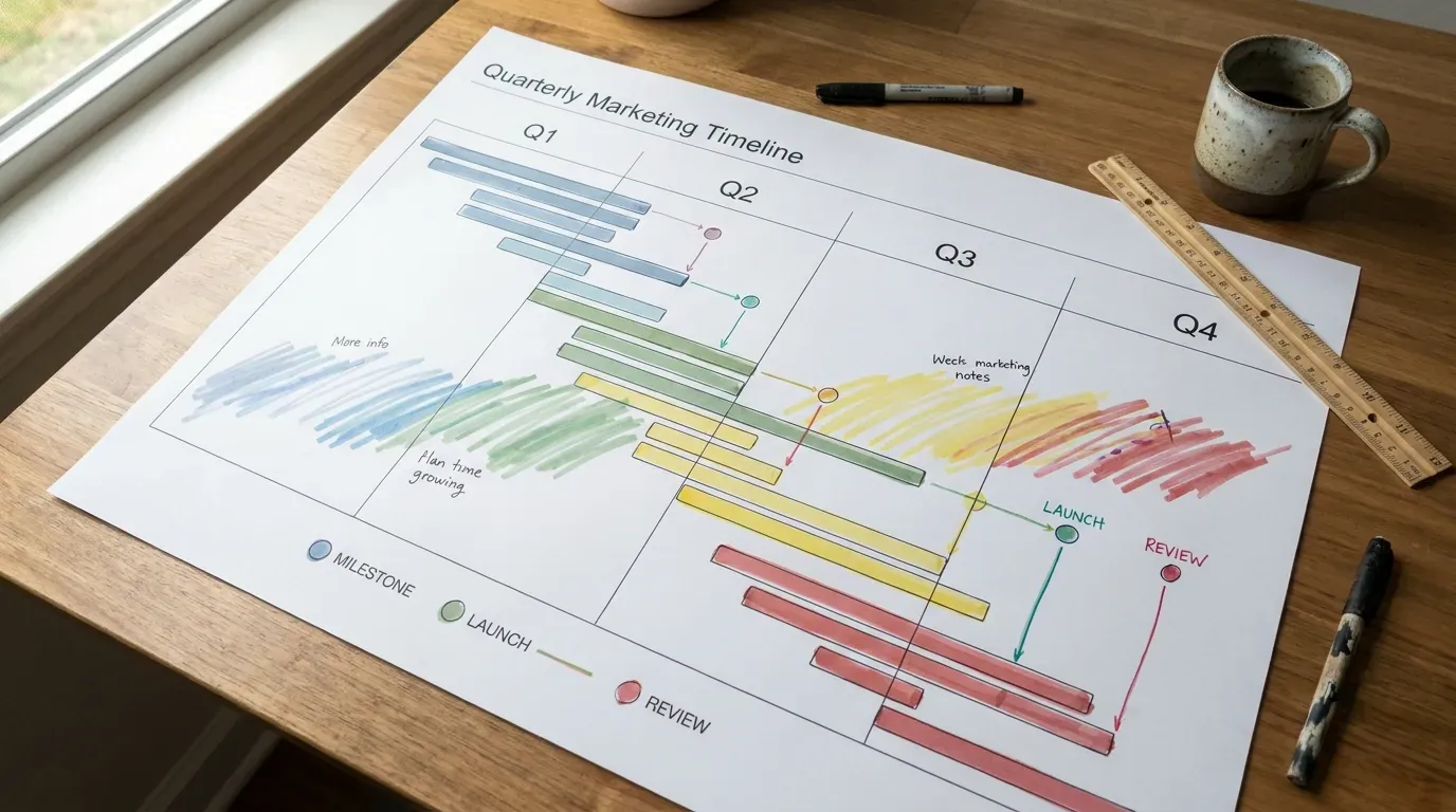 A printed quarterly marketing timeline on a desk with horizontal bars representing campaign launches and milestones marked along the timeline.