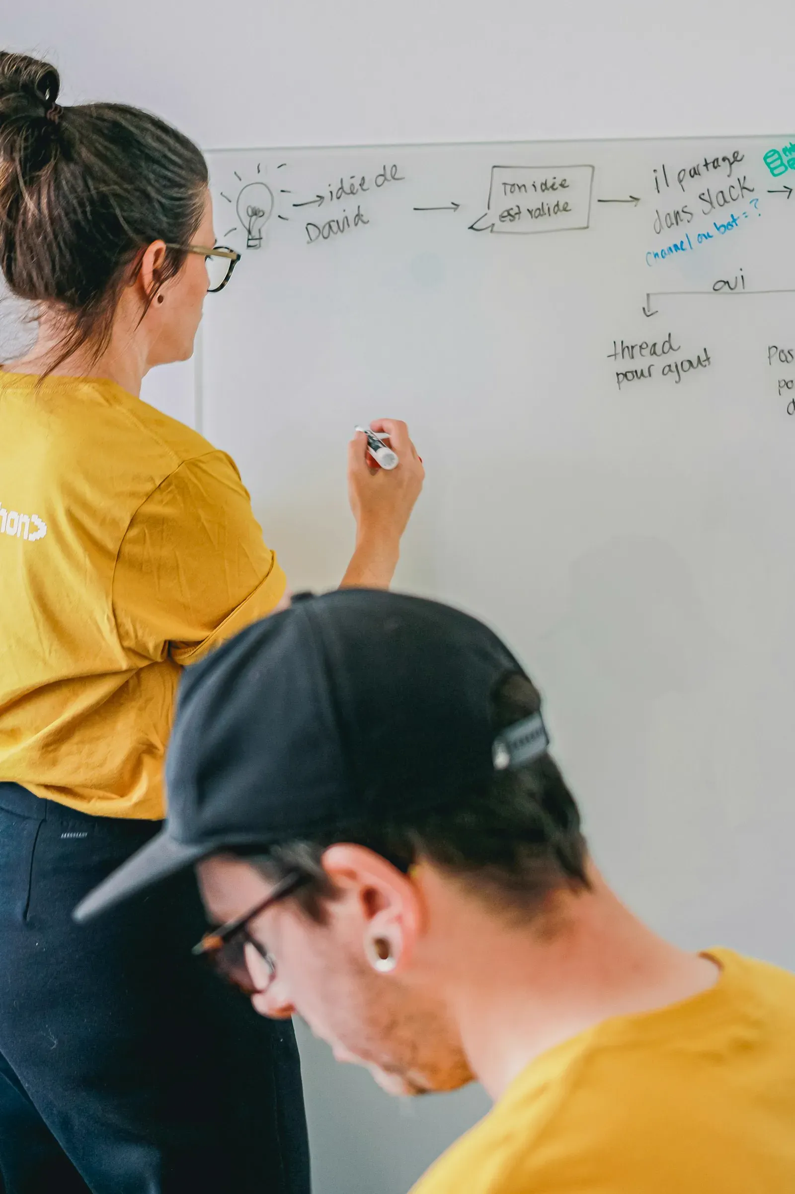 Two colleagues collaborating around a whiteboard covered with planning notes during a strategy session.
