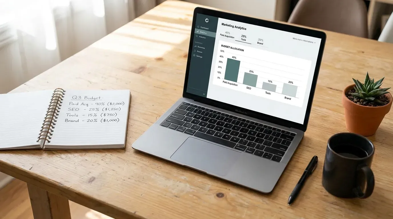 Overhead view of a small business owner’s workspace, laptop showing a marketing analytics dashboard with budget allocation across paid acquisition, SEO, tools, and brand.