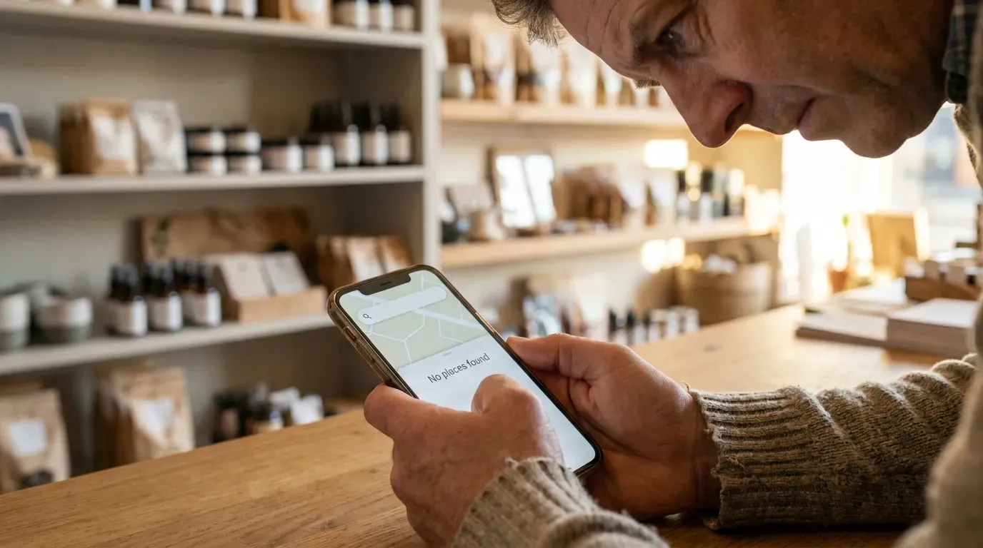 Small business owner holding a smartphone showing an empty Google Maps search result for their own business.