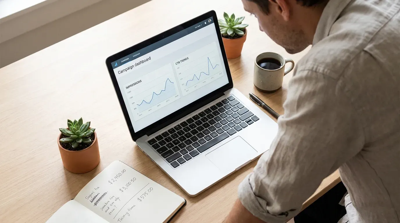 Small business owner reviewing a Google Ads campaign dashboard on a laptop with handwritten budget notes alongside.