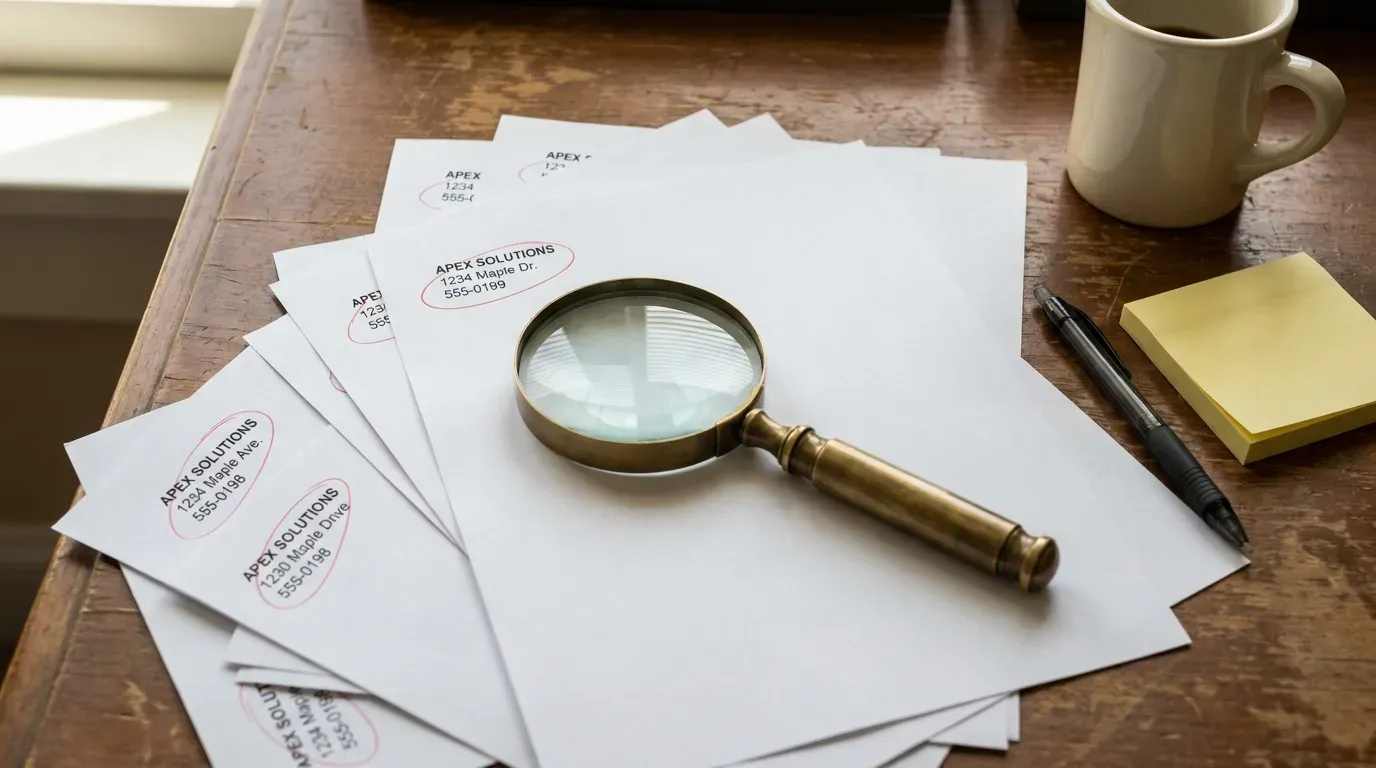 Printed business directory listings on a desk with name, address, and phone discrepancies circled in red pen.