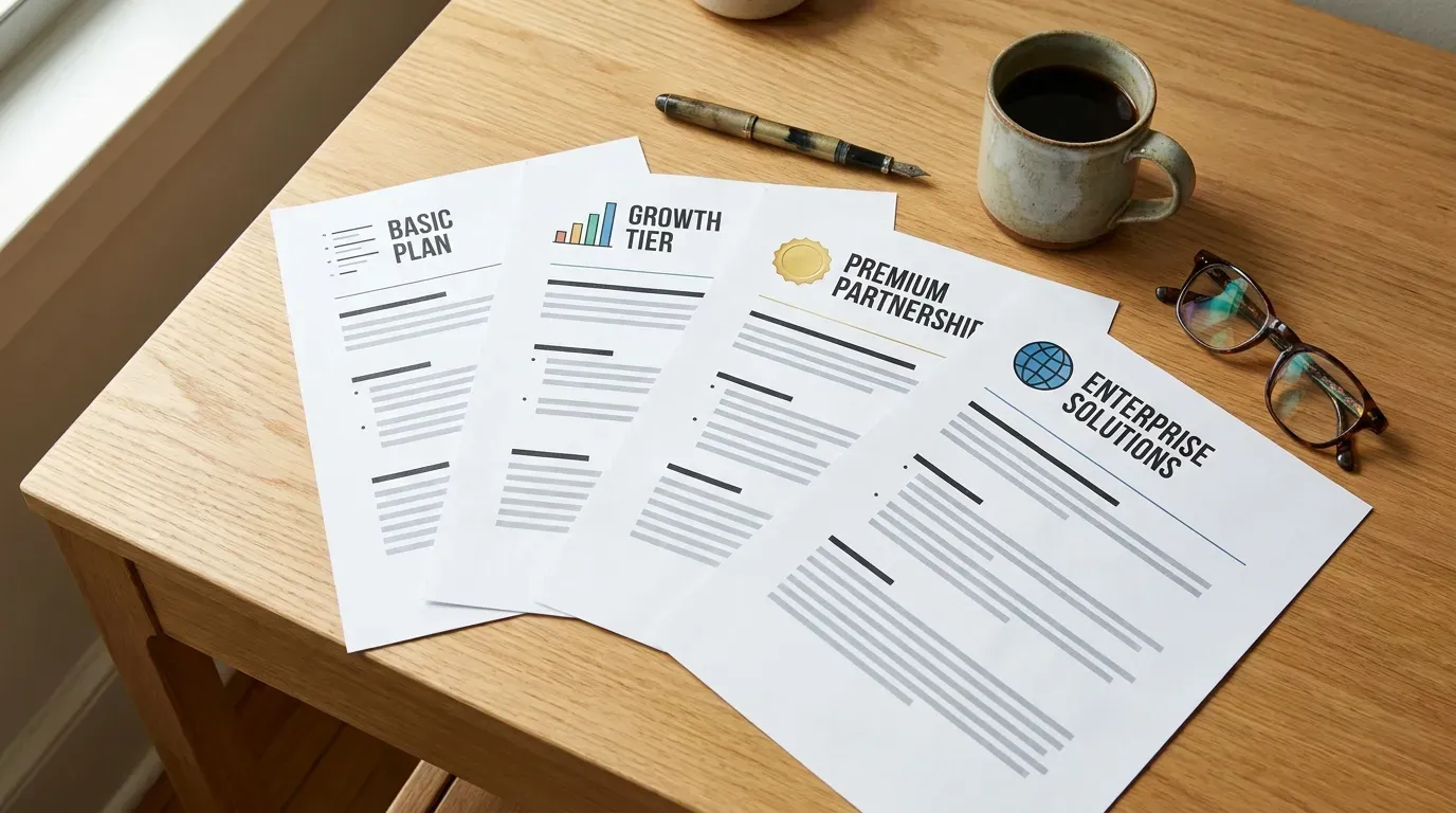 Four printed marketing-agency proposal documents laid out side by side, each representing a different pricing structure.