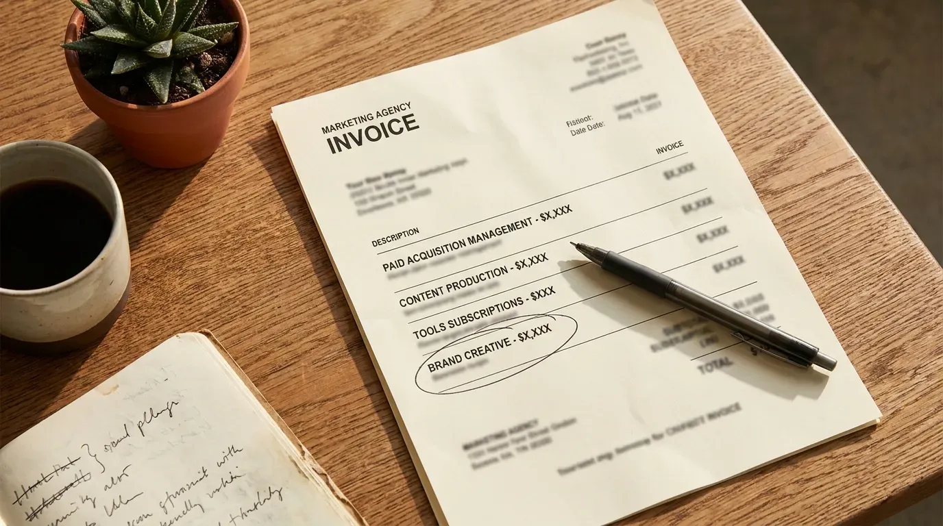 A printed marketing agency invoice with itemized line items, a pen circling one of the line items in ink.