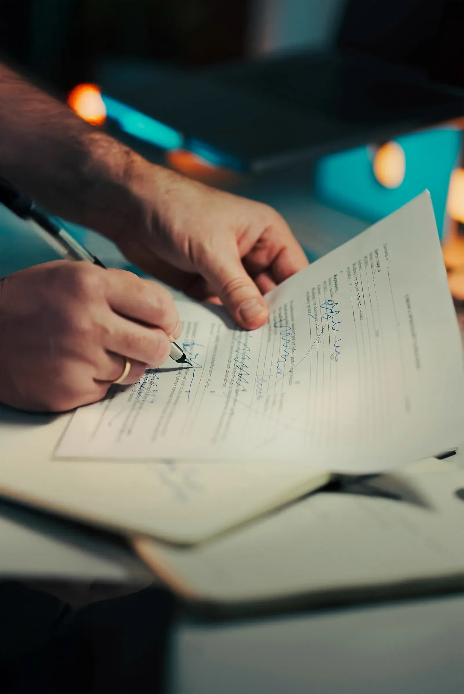 Close-up of hands signing a document with a pen, suggesting careful review of a contract or agreement.