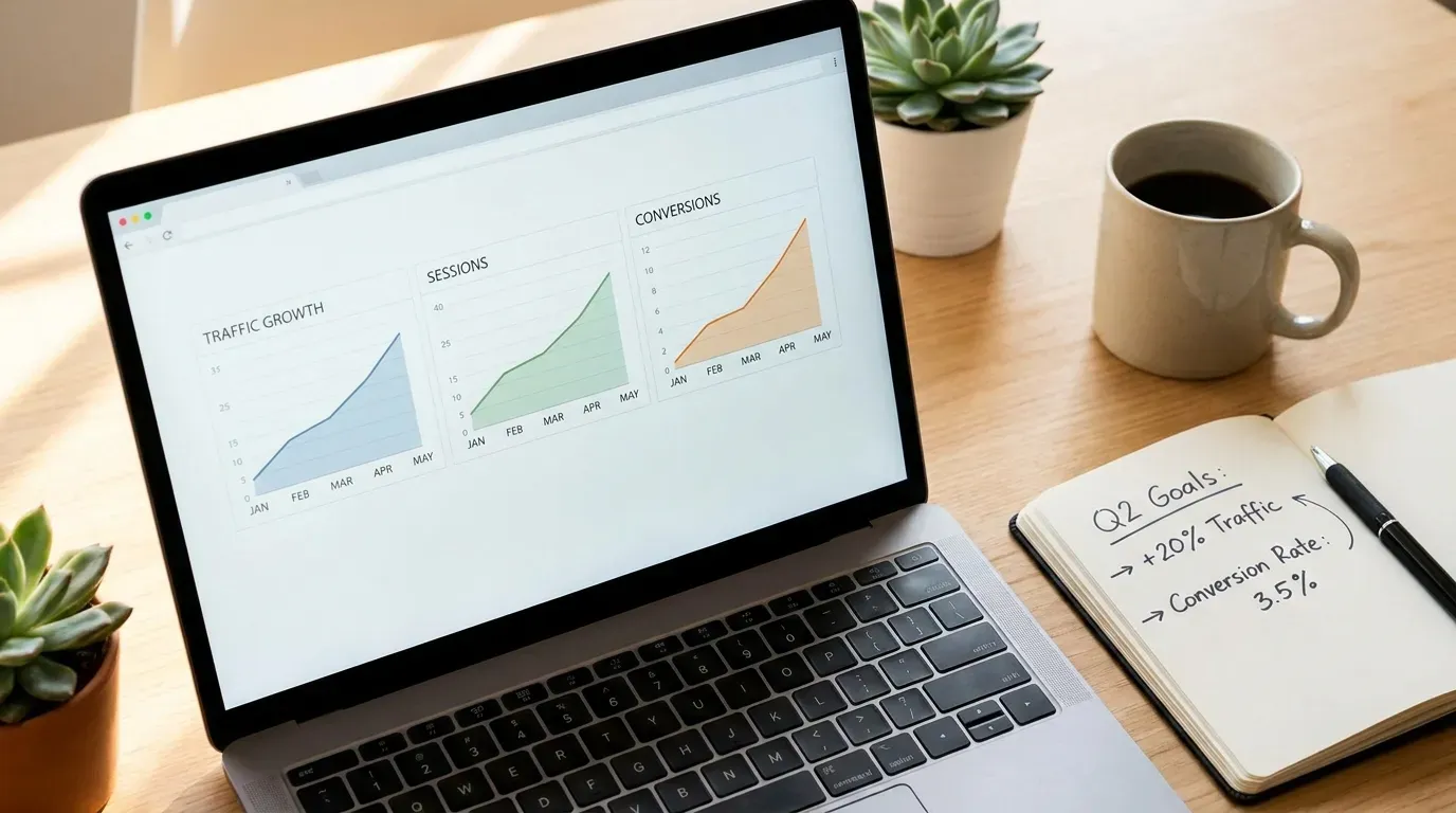 Laptop screen displaying a website analytics dashboard with line charts showing traffic and conversion data trending upward over several months.
