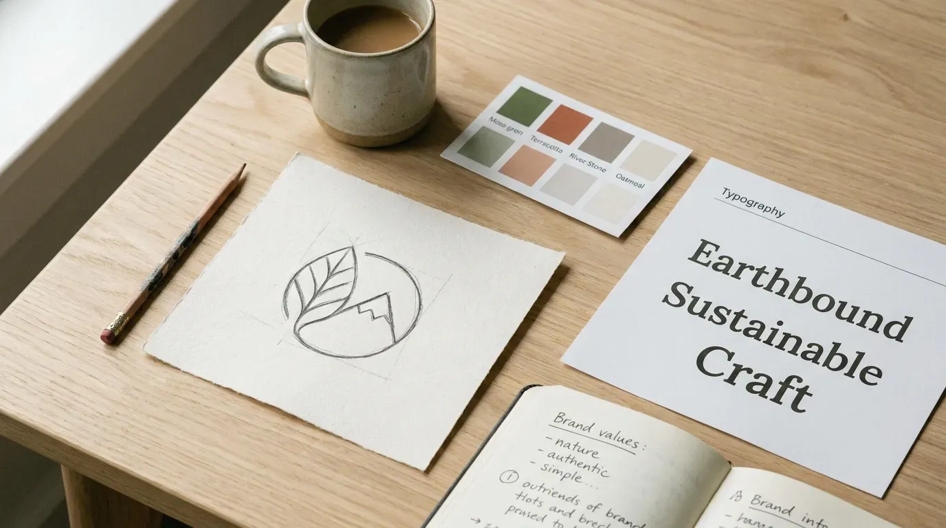 Brand identity assets laid out on a desk: a logo sketch, color palette swatches in earthy tones, and a typography specimen sheet.