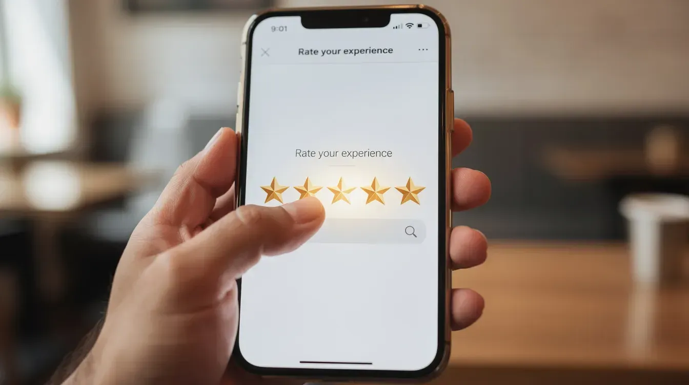 A customer is tapping a five-star rating on their smartphone screen, indicating positive feedback for a local business. This action highlights the importance of online reviews in enhancing local visibility and improving search rankings for businesses in local search results.