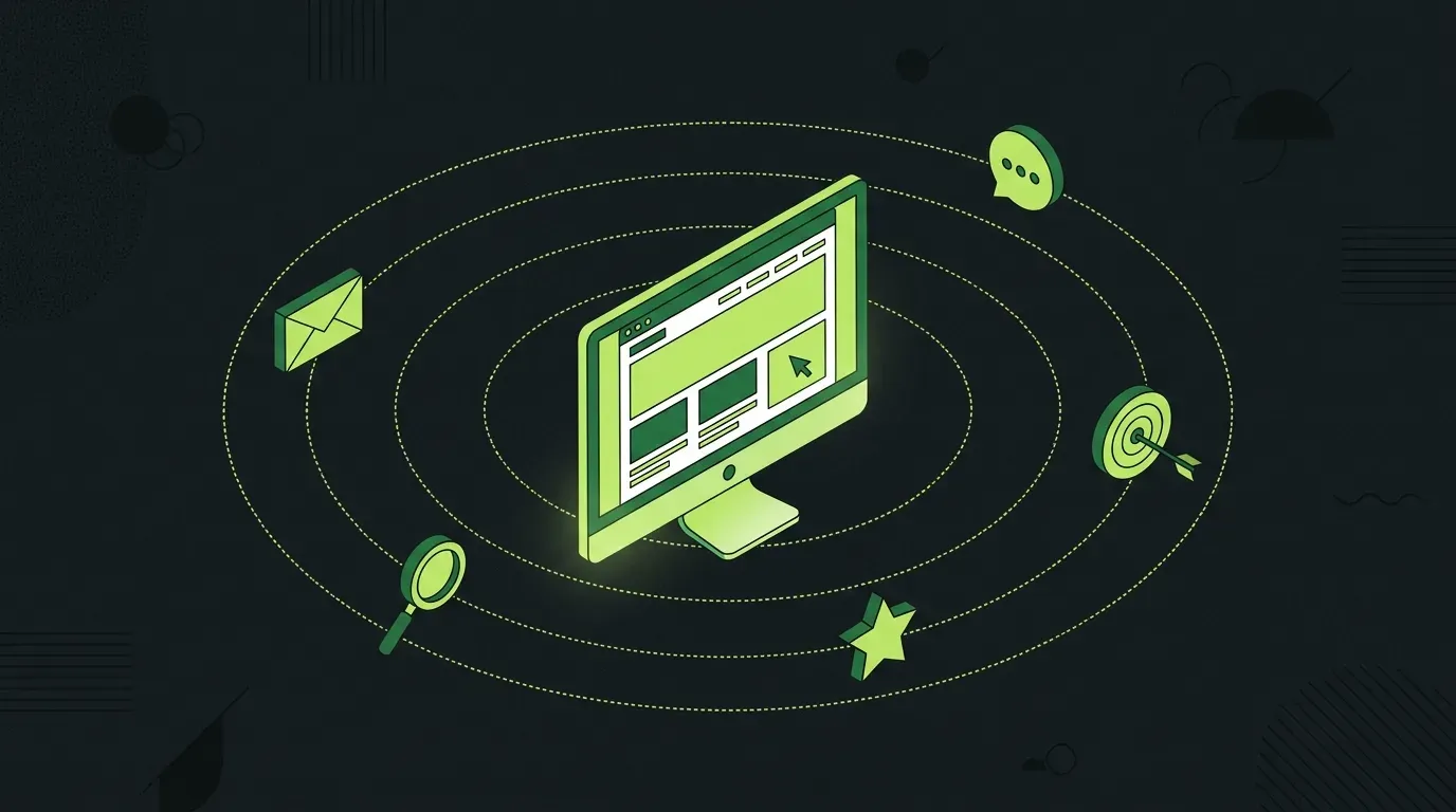 Isometric illustration of a website as a marketing hub, surrounded by marketing channels: email, search, target audience, and customer chat